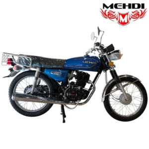 القلاف_للدراجات_النارية_ تظهر دراجة نارية Mehdi Sport 250CC باللون الأزرق غير اللامع مع رف حمولة خلفي على مسندها على خلفية بيضاء، ويظهر شعار شركة MEHDI في أعلى اليمين. دراجة مهدي سبورت 250 سي سي - اللون الأزرق المطفي. _دراجة_نارية