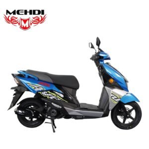 القلاف_للدراجات_النارية_ دراجة نارية دباب شبيهة بدراجة دباب شبيهة بدراجة نارية زرقاء اللون برسومات باللونين الأصفر والأبيض، تظهر في صورة جانبية على خلفية بيضاء مع شعار MEHDI أعلاه. _دراجة_نارية