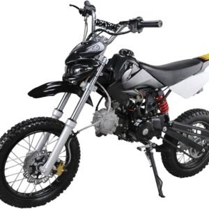 القلاف_للدراجات_النارية_ دباب صحراوي صحراوي للأطفال من طراز طراز GMX رقاقة 50 سي سي 50 سي 50 سي سي بالأسود مع إطارات مقعرة، مكابح قرصان نظام تعليق أمامي وخلفي ومحور ظاهر، يُعرض على حامل جانبي أمام خلفية بيضاء. _دراجة_نارية