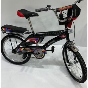 القلاف_للدراجات_النارية_ دراجة أطفال رامبو "رامبو" باللونين الأسود والأخضر مع ملصقات ملونة وسلة أمامية ومقعد مبطن ووسادة مقود. الموديل: B20RDG - 325. النص العربي أدناه. _دراجة_نارية